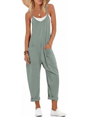 Women's Sage Gray Green Summer Sleeveless Casual V Neck Spaghetti Strap Jumpsuit